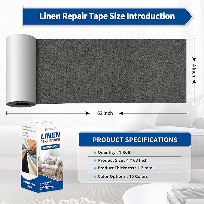 KING MOUNTAIN Linen Repair Patches, Self-Adhesive Fabric Patches, 4 X 63 inch Extra Size, Multi Color, Can be Used for Sofa Repair and Linen Clothes Repair (Dark Grey)