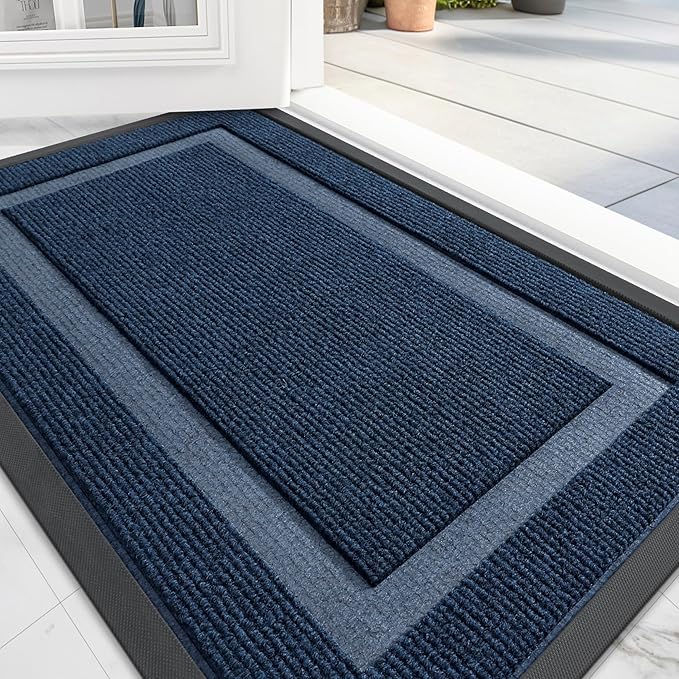 OLANLY Front Door Mat Indoor Outdoor Entrance, Waterproof All-Season, All-Weather Doormat, Sturdy Natural Rubber, Fade Resistant, Low Profile, Easy Clean Patio Porch Entryway Mat, 71x23, Blue
