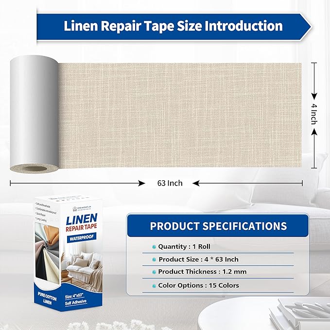 KING MOUNTAIN Linen Repair Patches, Self-Adhesive Linen Fabric Patches, 4 X 63 inch Extra Size, Multi Color, Can be Used for Linen Sofa Repair and Linen Clothes Repair (Cream-Gray2.0)
