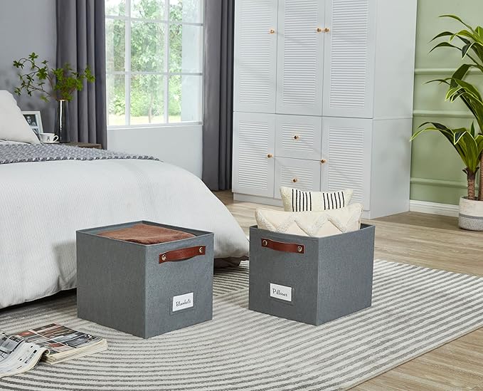 DECOMOMO Storage Bins, Cube Storage Bin with Labels, Fabric Storage Cubes for Shelves (11" / 6pcs, Texture Grey)