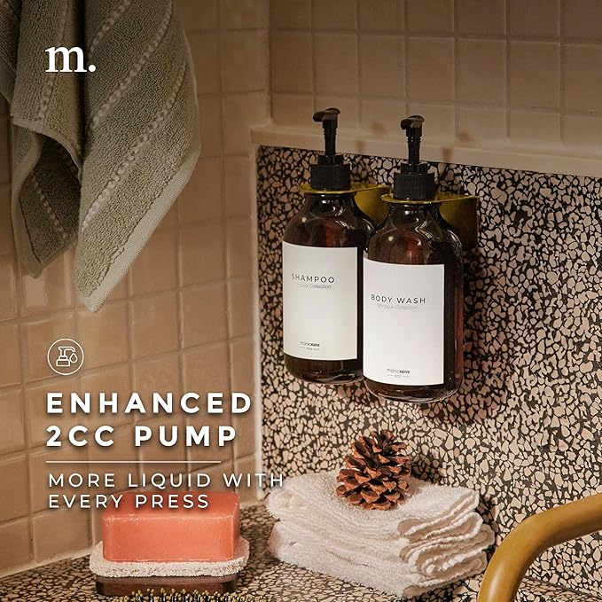 MaisoNovo Shampoo and Conditioner Dispenser - Shower Soap Dispenser Wall Mounted - 16.9 fl oz Set of 2 Amber Plastic Bottles Black Pump - 2 Chamber No Drill