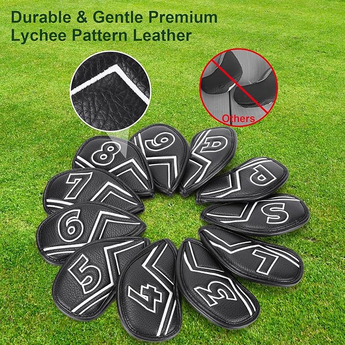 Welspo Magnetic Leather Golf Iron Head Covers 11 Pack Synthetic Leather Club Headcover, Embroidered Club Label on Both Sides of Golf Club Covers for Irons and Wedge, Universal Fit Main Iron Clubs