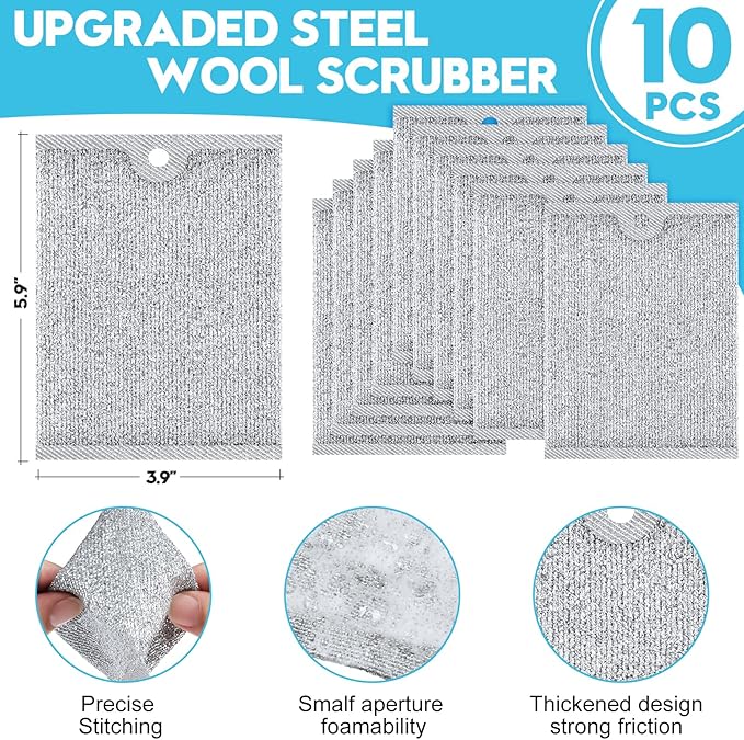 Steel Wool Scrubber, Wire Dishwashing Rags, 10 Pcs Multipurpose Wire Dishcloth, Wet & Dry for Cookware, Sinks, Dishes, Stoves & Fireplaces 5.9“ x 3.9”