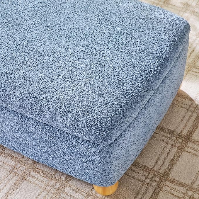 Walker Edison Linley Contemporary Large Storage Bouclé Ottoman with Wood Legs, Soft Blue
