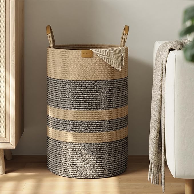 75L Striped Laundry Hamper with Leather Handles,Large Foldable Laundry Basket for Clothes,Cotton Rope Storage Bin for Blankets,Woven Clothes Basket for Bedroom,Dark Brown Stripes