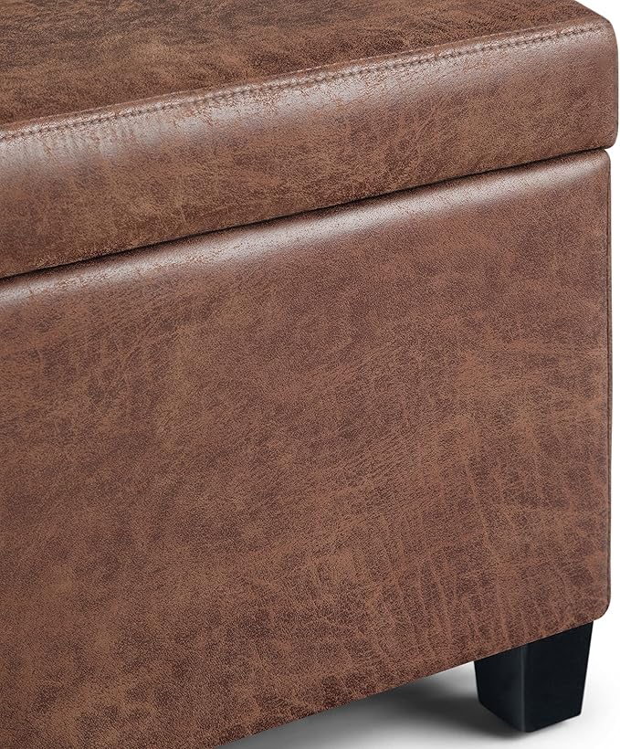 SIMPLIHOME Avalon 48 inch Wide Contemporary Rectangle Storage Ottoman Bench in Distressed Umber Brown Vegan Faux Leather, Assembled, For the Living Room, Entryway and Family Room