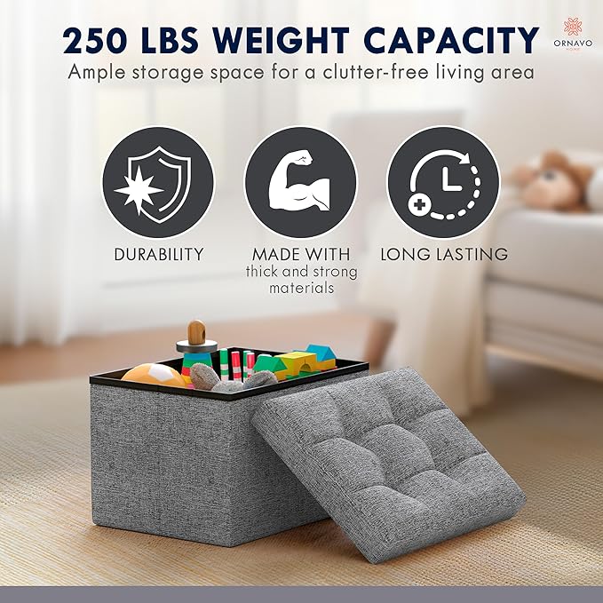 Ornavo Home Small Storage Ottoman Foldable Collapsible Rectangle Linen Ottoman Foot Rest Stool Seat, for Living Room, Bedroom, Home Office, Dorm - 12 x 16 x 12, Gray