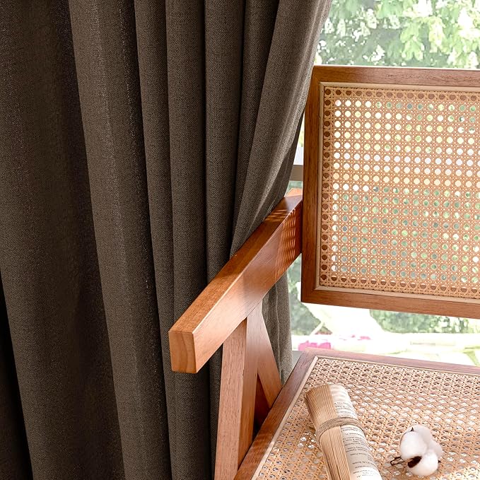 YoungsTex Linen Curtains 90 Inch Length for Living Room, Semi Sheer Window Drapes Rod Pocket Back Tab Light Filtering Privacy for Dining Room Office Bedroom, Brown, 2 Panels, 52 X 90 Inch