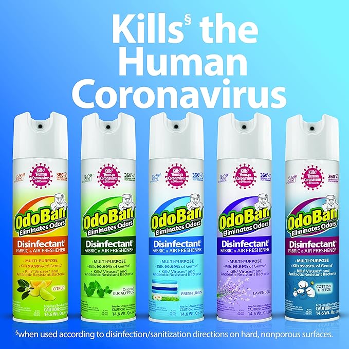 OdoBan Ready-to-Use 360-Degree Continuous Spray Disinfectant and Harsh Aroma Eliminator, Fabric and Air Freshener, 4 Pack, 14.6 Ounces Each, Fresh Linen Scent