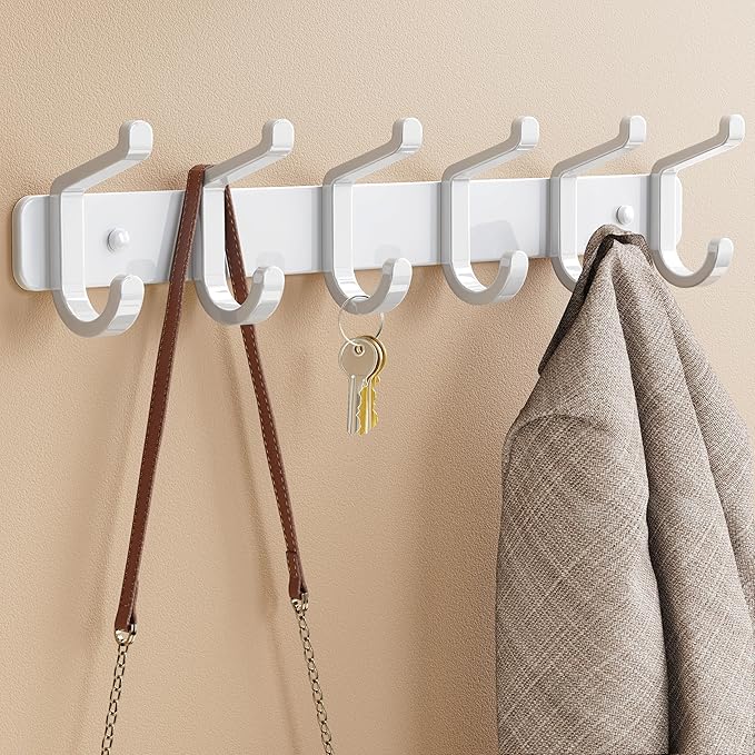 Coat Rack Wall Mounted Heavy-Duty: Metal Coat Hanger 6 Hooks for Hanging Hat, Clothes, Robe, Keys, Backpack, Bathroom Towels, Jacket, Purse - Closet, Door, Entryway, Mudroom (White, 1 Pack)