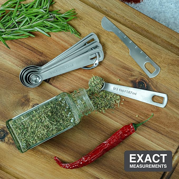 BALCI - 9 Measuring Spoons, Heavy Duty 18/8 Premium Stainless Steel Measuring Spoons Set, Spoons with US and Metric Measurements, Set of 9 + Leveler, Measuring tools for Dry and Liquid Ingredients