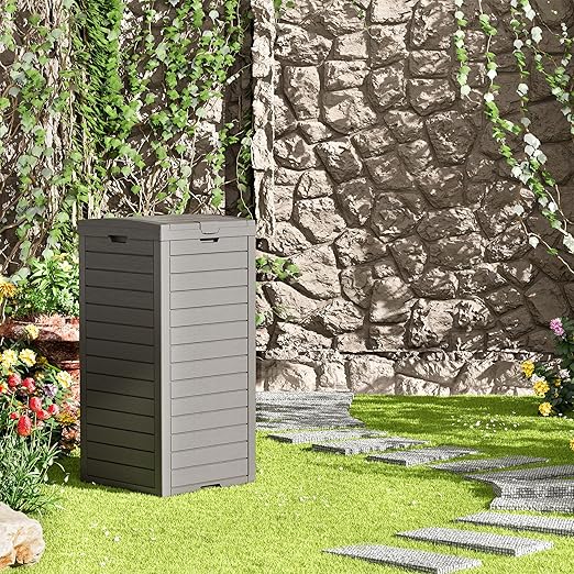 NUNU LAB 31 Gal Outdoor Trash Can with Lid - Heavy Duty Waterproof Resin, Removable Drip Tray, Fits 33-40 Gallon Bags - Large Garbage Bin for Patio, Backyard, Deck