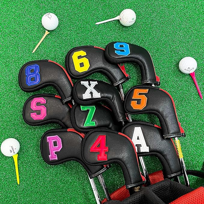 wosofe Golf Head Covers for Iron Headcover with Zipper Black Leather 10pcs Set Colorful Number Embroideried PU Leather Waterproof Fit All Brands