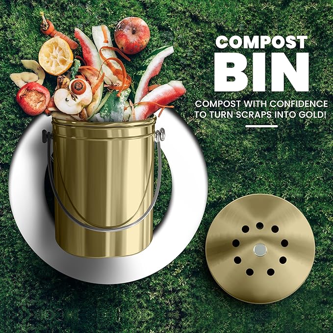 Utopia Kitchen Compost Bin for Kitchen Countertop - 1.3 Gallon Compost Bucket for Kitchen with Lid - Includes 1 Spare Charcoal Filter (Gold)