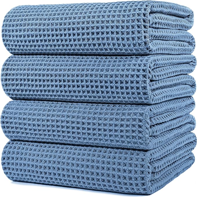 POLYTE Microfiber Oversize Quick Dry Lint Free Bath Towel, 60 x 30 in, 4 Pack (Waffle Weave)