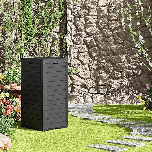 NUNU LAB 31 Gal Outdoor Trash Can with Lid - Heavy Duty Waterproof Resin, Removable Drip Tray, Fits 33-40 Gallon Bags - Large Garbage Bin for Patio, Backyard, Deck