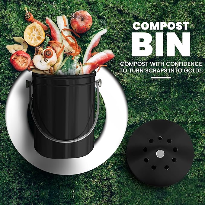 Utopia Kitchen Compost Bin for Kitchen Countertop, 1 Gallon Compost Bucket for Kitchen with Lid, Includes 1 Spare Charcoal Filter (Black)