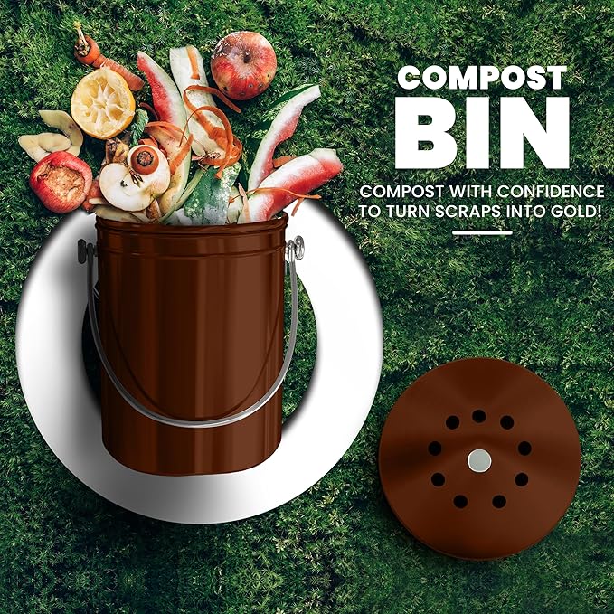 Utopia Kitchen Compost Bin for Kitchen Countertop, 1.3 Gallon Compost Bin for Kitchen with Lid, Includes 1 Spare Charcoal Filter (Copper)