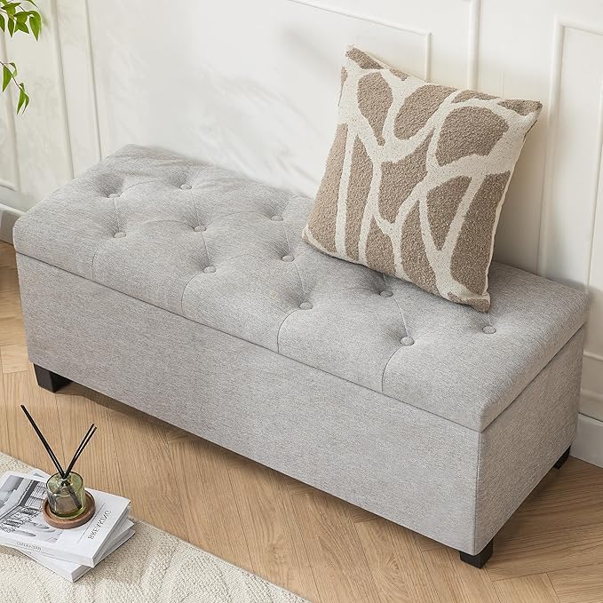 43’’ Storage Ottoman Bench, Linen Entryway Benches Load up to 660 Lb, Modern End of Bed Benches for Bedroom, Ottoman with Storage Bench for Living Room, Light Gray