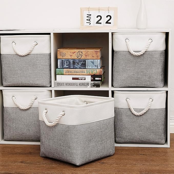 Cube Storage Bins, Collapsible Fabric Cube Storage Bin, 11 Inch Cube Storage Bins with Handles, Foldable Storage Cubes (White/Gray, 6Pack)