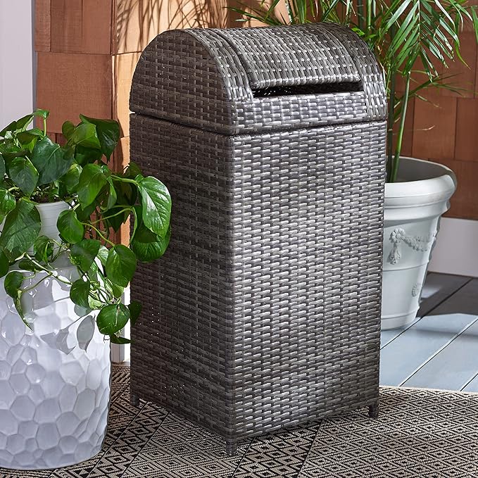SAFAVIEH Outdoor Collection Mazeli Grey Brown Woven Swing Top Dome Lid Trash Bin (Fully Assembled) PAT7511C