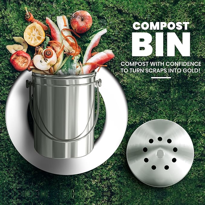 Utopia Kitchen Compost Bin for Kitchen Countertop, 1 Gallon Compost Bucket for Kitchen with Lid, Includes 1 Spare Charcoal Filter (Silver)