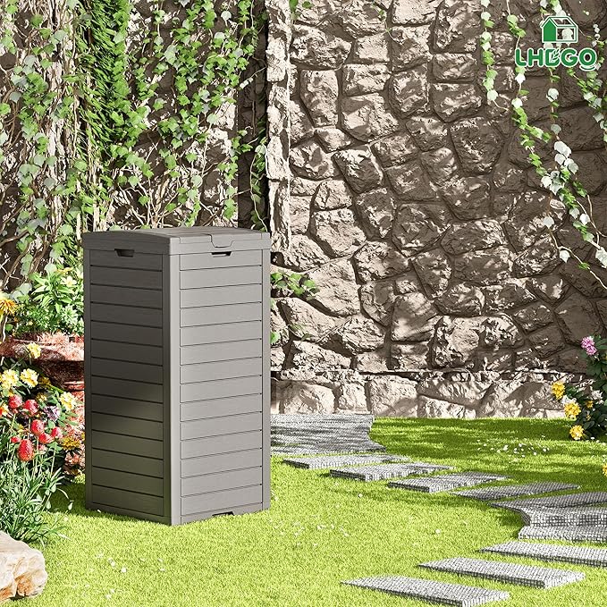 Outdoor Trash Can, 31 Gallon Garbage Can with Tiered Lid and Drip Tray, Waterproof Resin Patio Waste Bin for Garden, Backyard, Deck